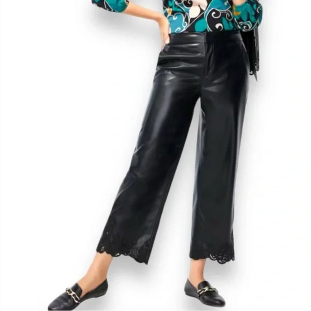 Chico’s Faux Leather Cutwork Hem Black Trousers Size 1.5P